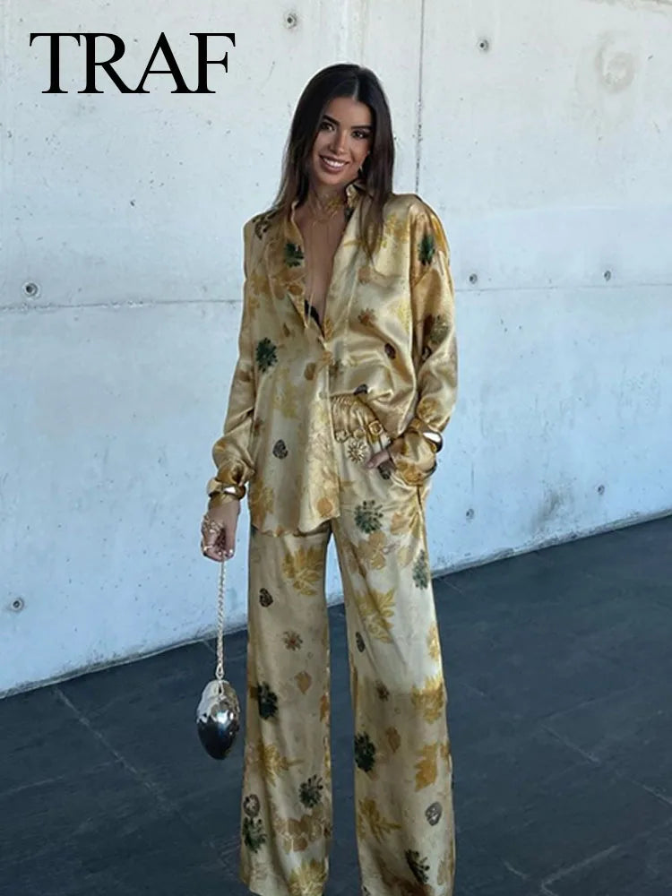 TRAF Women Fashion Set Print Turn-Down Collar Long Sleeve Single Breasted Shirt+Elastic Waist Drawstring Loose Pant Female Suits