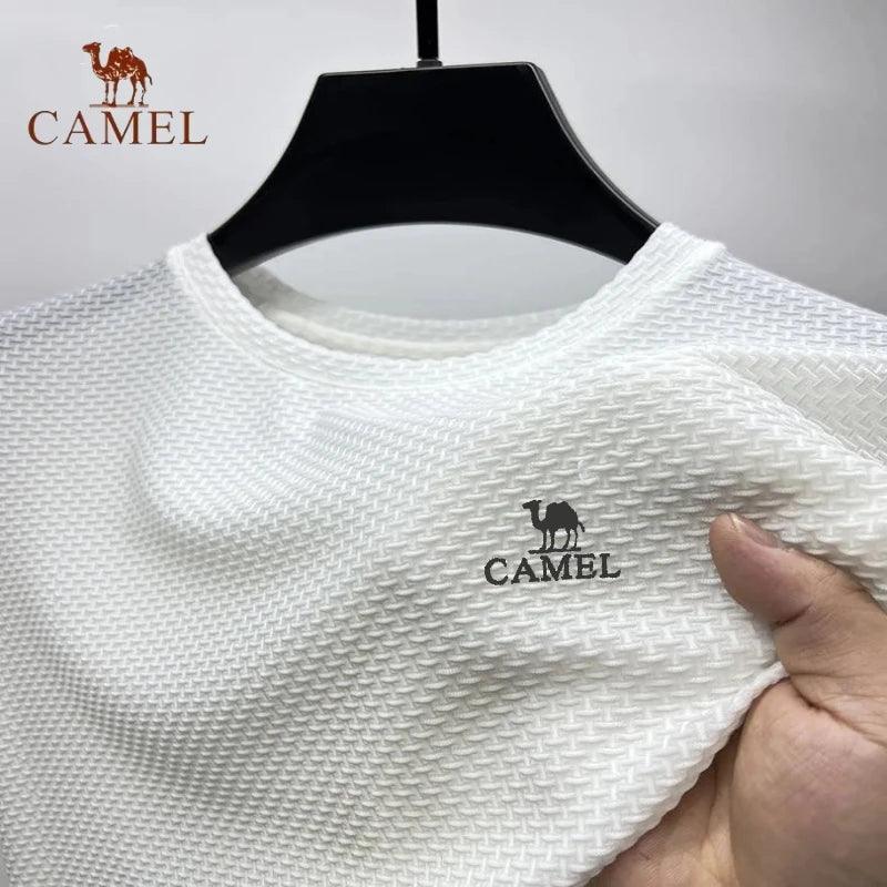 Camiseta de manga curta de malha de seda gelada bordada de camelo de alta qualidade para homens, moda verão casual, respirável, polo de manga curta - CRAVO ROSE