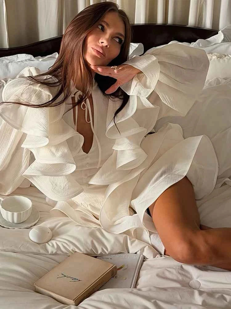 Solid Ruffle Mini Dress U Neck Long Puff Sleeve Tie Neck Tiered Hem Sweet Style Gown Soft Pastel Tones Fashion Chic Women Outfit