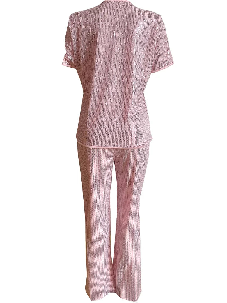 Conjunto Feminino de Duas Peças Primavera Feminino Casual Brilhante Lantejoulas Gola Redonda Moda Sólida Manga Curta Camiseta Perna Larga Calças Terno