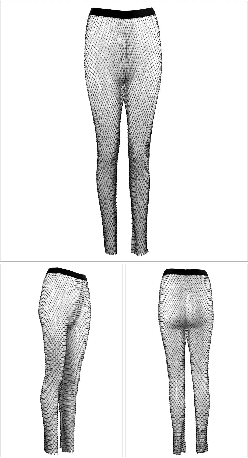 Sparkle Diamante Fishnet Wide Leg Trousers Crystal Mesh Flare Pants High Waisted Rhinestone Split Hem Leggings