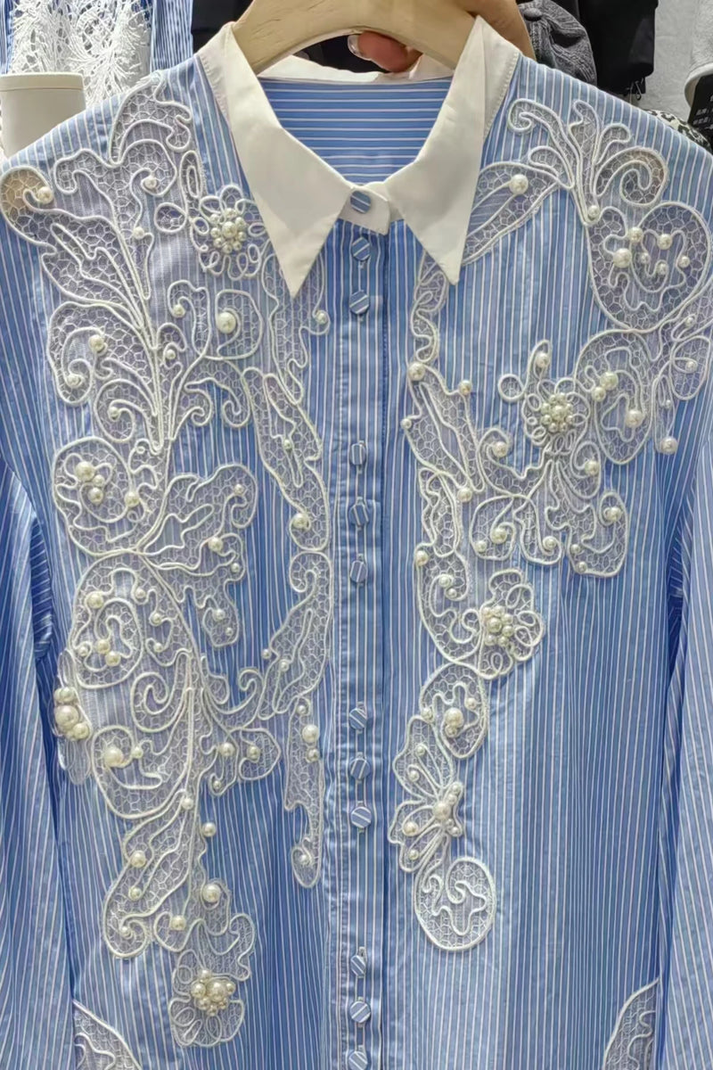 Blusas e camisas bordadas com renda e miçangas, blusas e camisas femininas soltas de comprimento médio e casuais