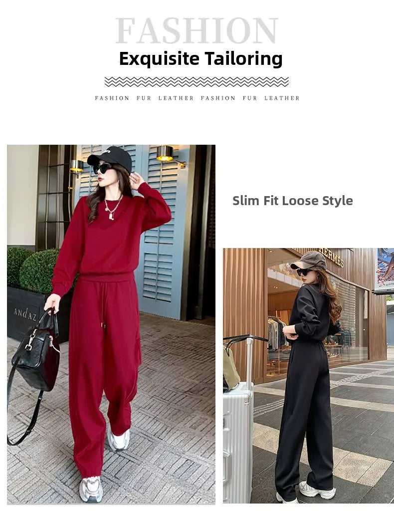 Loose Casual Fashion Sportswear Set for Women plus Size Autumn 2025 Trendy Sweatshirt Wide Leg Pants Two Piece Set