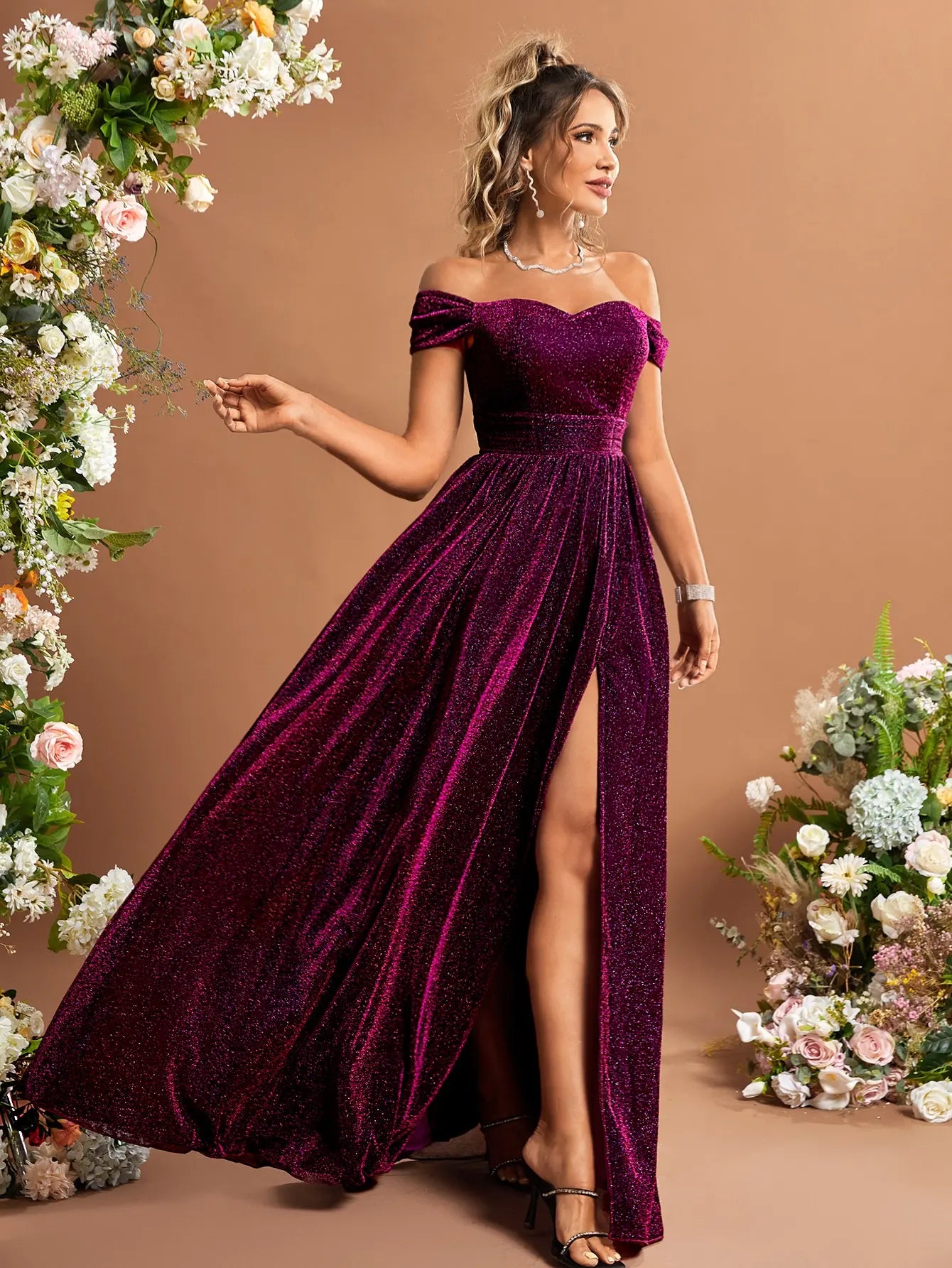 Off Shoulder Split Thigh Glitter Dress