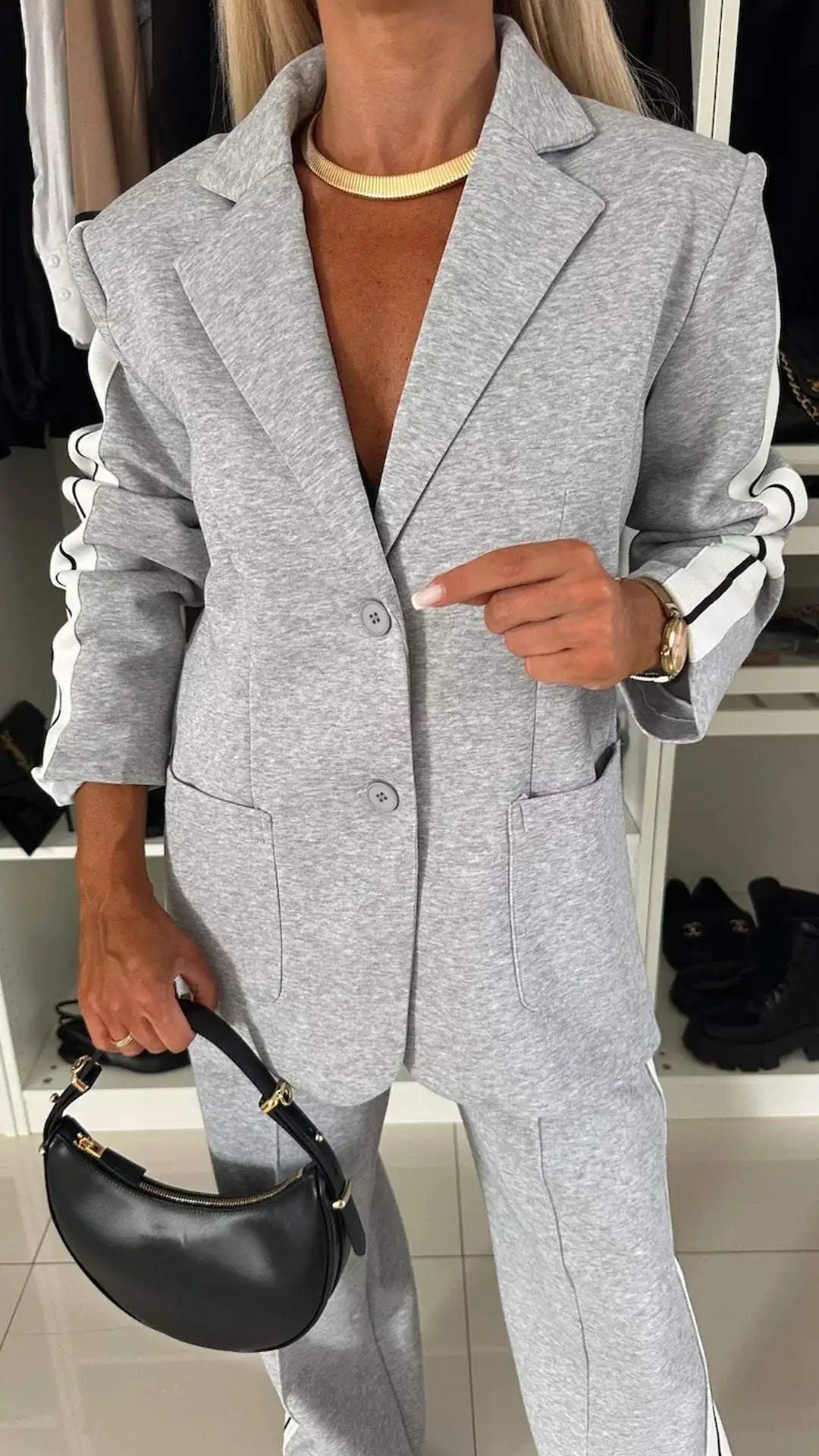 Modern Office Commute Women's Suit Set Loose Fit Long Pants High Waist Striped Casual Sportswear Long Sleeve Button up Coat