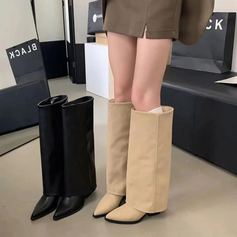 Botas de couro chunky de salto alto femininas, bico fino, estilo Chelsea, novas bombas femininas, botas gladiadoras para neve