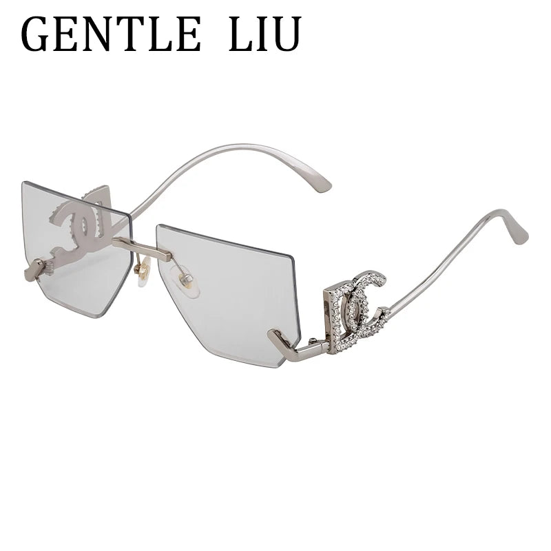 Óculos de sol quadrados sem aro punk femininos, armação de metal, design de marca de luxo, óculos retrô para mulheres, proteção UV400, 2025