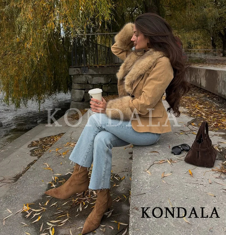 KONDALA Fall Fur Collar Suede Blazer Women's Elegant Buttons Slim Suit Jacket 2025 Autumn Fashion High Street Faux Fur Blazer
