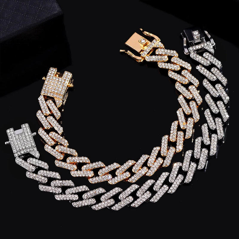 Fashion Bling Paved Rhinestone Prong Cuban Chain Bracelet for Women Men Hip Hop Iced Out Chunky Link Chain Bracelets New Jewelry