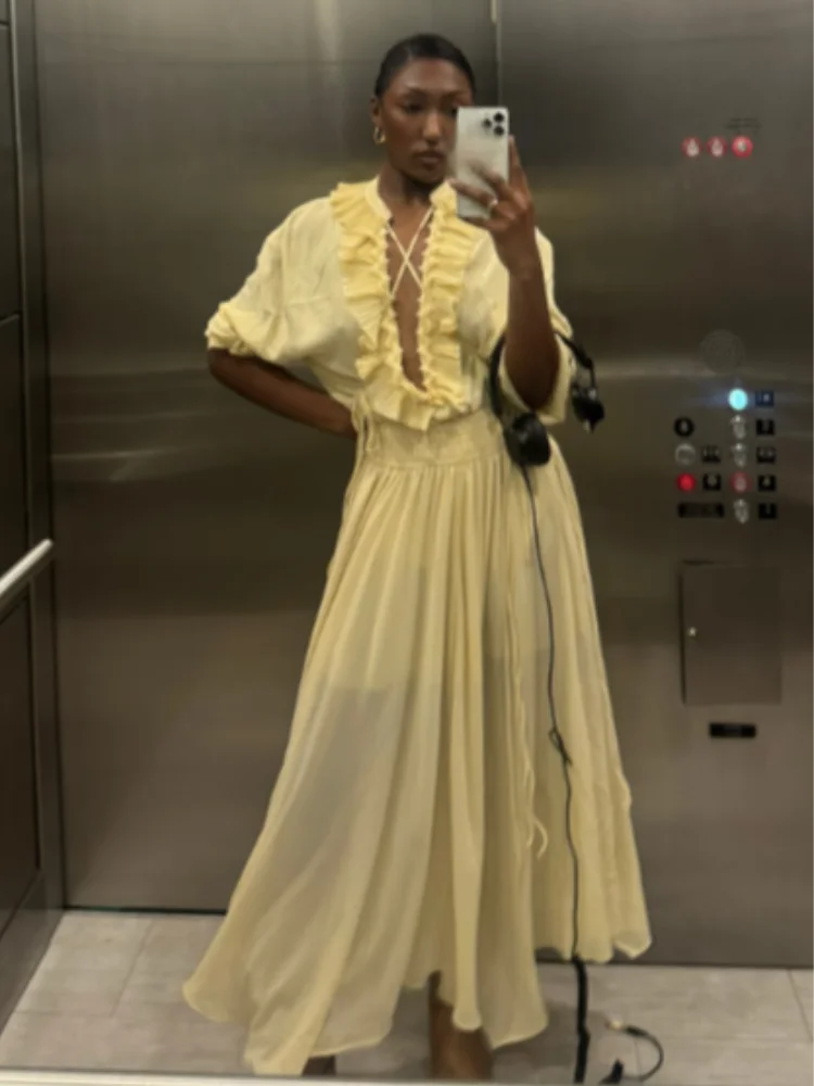 Blusa de chiffon com babados e manga comprida, blusa feminina casual solta, gola V, manga comprida, blusa de rua, primavera/verão 2025