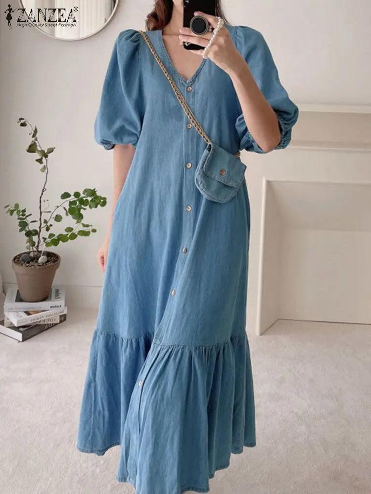 Mulheres Denim Azul Robes Longue ZANZEA Oversized Moda Verão Puff Sleeve Maxi Vestidos Retro Vestido Casual Sólido Vestido de Verão Largo - CRAVO ROSE