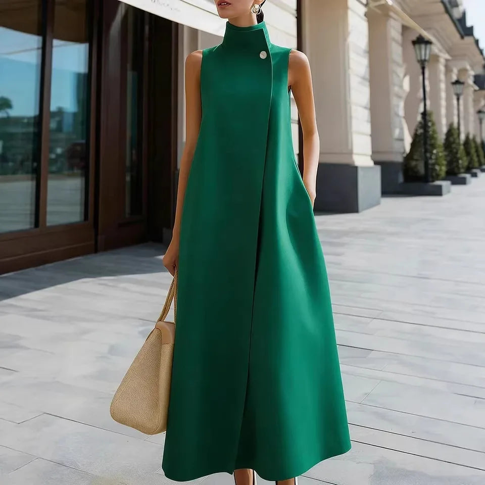 2026  Europe & America Cross-Border New Elegant Commuter Stand Collar Single Button Solid Color Sleeveless Vest Dress