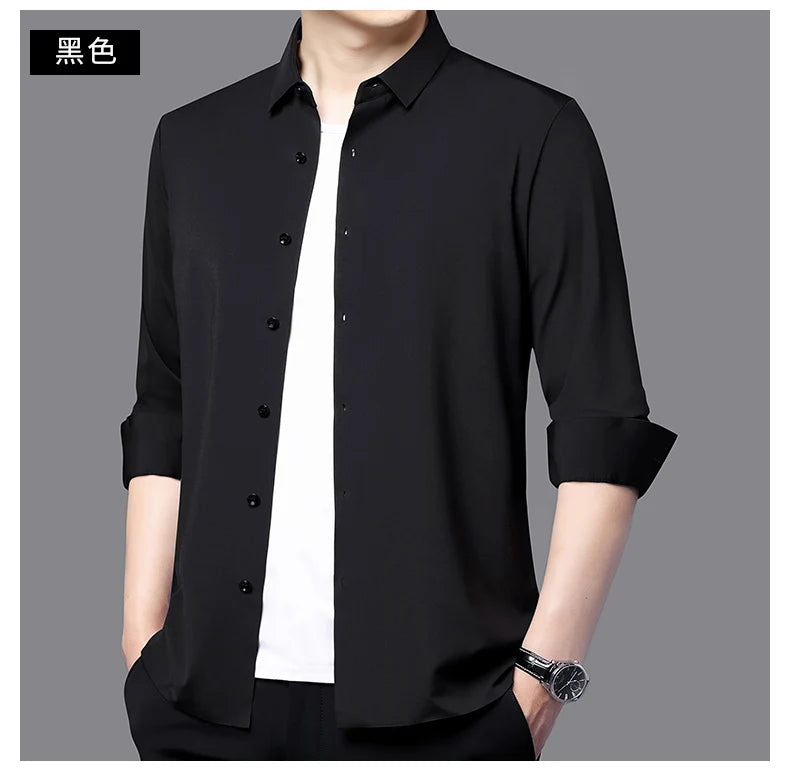 Camisa masculina premium ultraelástica - Camisa formal de manga comprida de seda de alta qualidade para uso social e casual