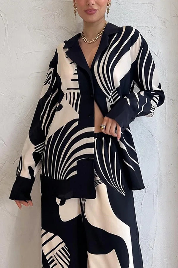 Casual Print Shirt Women 2 Piece Set Elegant Loose Long Sleeve Shirts Wide Leg Pants Female Suit 2024 Summer Fashion Lady Outfit