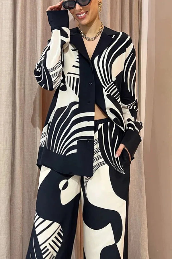 Casual Print Shirt Women 2 Piece Set Elegant Loose Long Sleeve Shirts Wide Leg Pants Female Suit 2024 Summer Fashion Lady Outfit