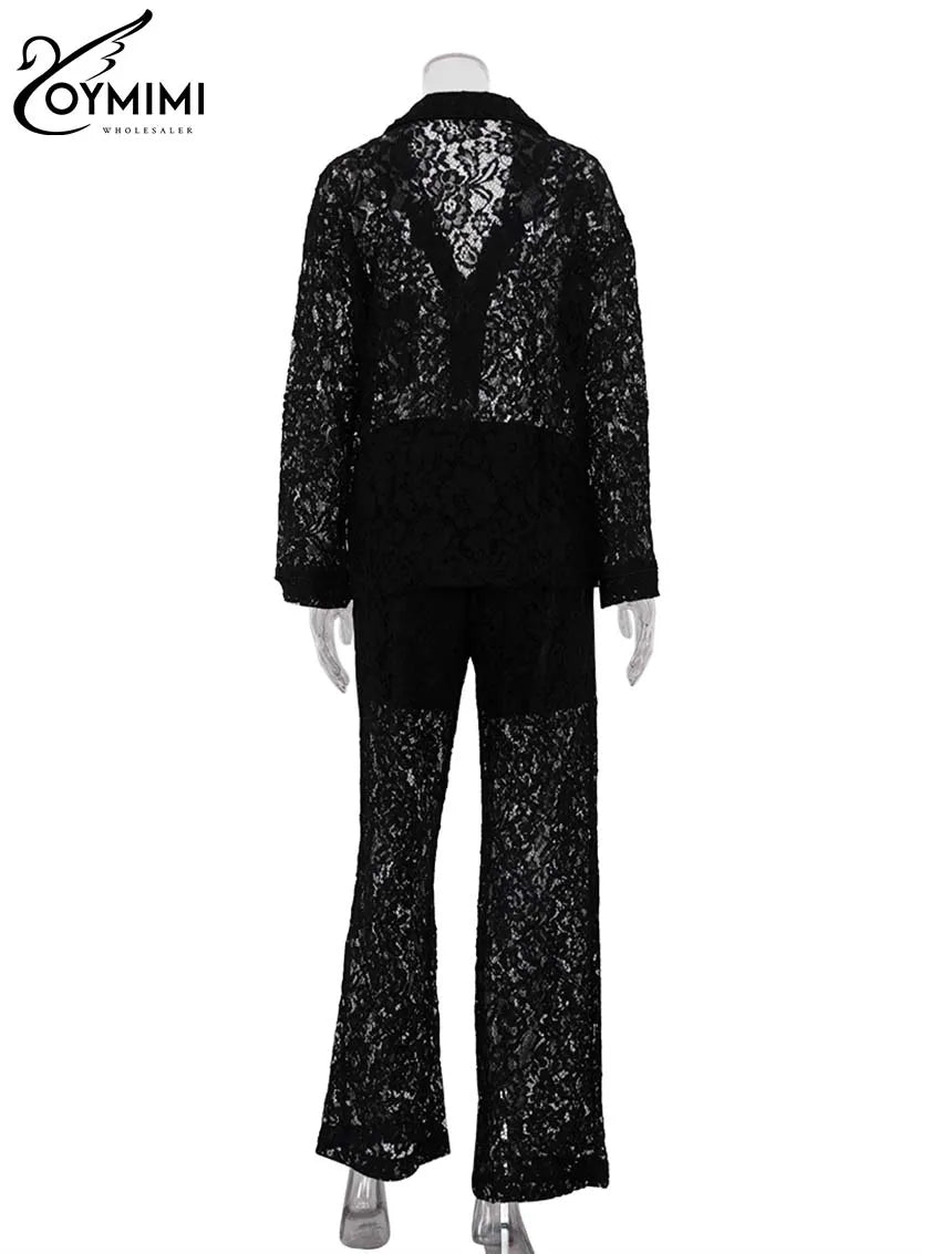 Oymimi Summer Pink Perspective Sets Womens 2 Piece Casual Long Sleeve Button Shirts And High Waist Straight Trousers Female Sets