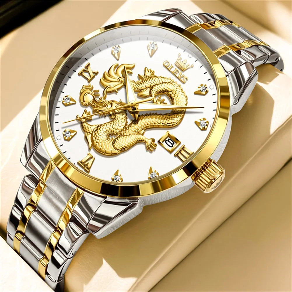 OLEVS Men's Watches Top Brand Fashion Original Quartz Watch for Man China Loong Dragon Dial Waterproof Luminous Date Olevs 3619