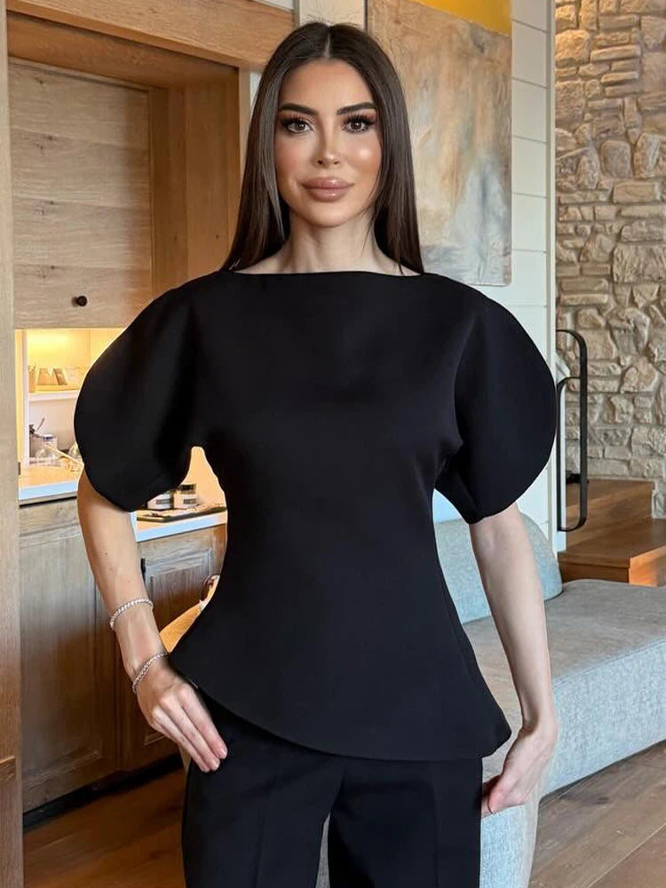 SLTNX Women's Elegant Vintage Short Puff Sleeve O-Neck Asymmetrical Hem Blouse - 2026 Spring Summer Y2K Streetwear Top
