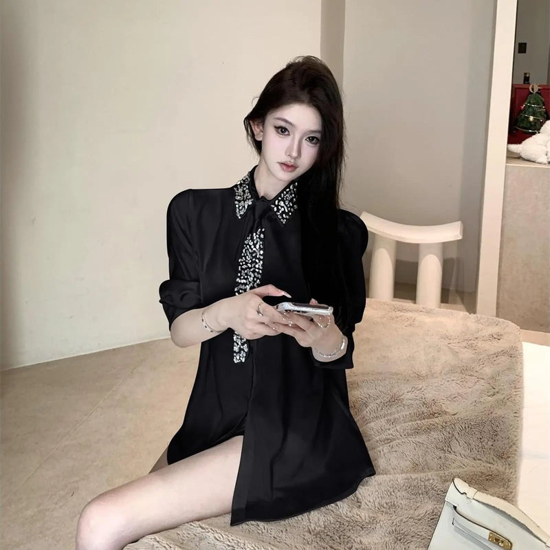 Camisas de cetim com gravata diamantes para mulheres, blusas soltas de manga comprida com lapela e lapela, elegantes francesas, para combinar com todas as mulheres, primavera 2025