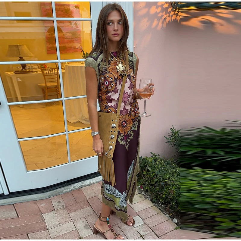 Elegant Printed Women's Tassel Dress Fringed Sleeveless Slim Irregular Party Evening Dresses 2026 Spring Summer Lady Vestidos