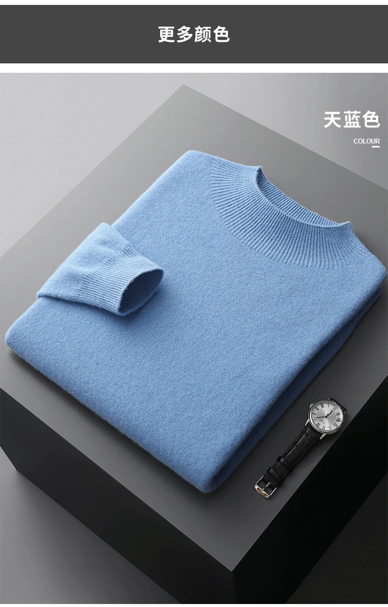 100% Pure Wool Cashmere Sweater Men's Half Turtleneck Pullover Casual Fashion Thickening Top Knitting Sweater