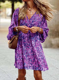 Vestido feminino com estampa floral, vintage, para trabalho, decote em V, elegante, plissado, paisley, manga bufante, babados, vestido casual