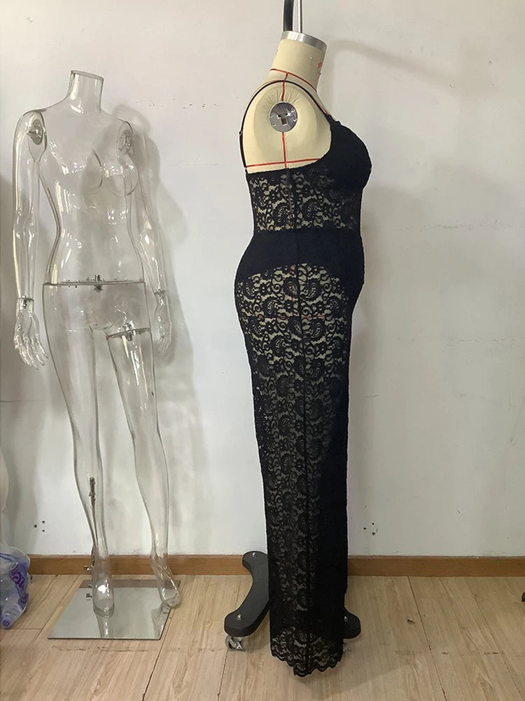 One Piece Jumpsuit for Plus Size Women Summer Spaghetti Strap Sexy Transparent Lace Jumpsuit Straight Pant Hollow Out Jumpsuit