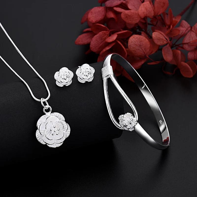 Fine 925 Sterling Silver Charm Flower Necklace Earring Bangle Jewelry for Women Retro Set Wedding Gift TRENDY Lovely - CRAVO ROSE