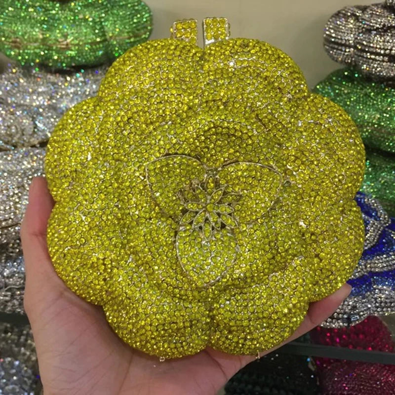 Rosa flor rosa/verde strass noite embreagens feminino floral amarelo cristal sacos de noite nupcial festa de casamento bolsa embreagem - CRAVO ROSE