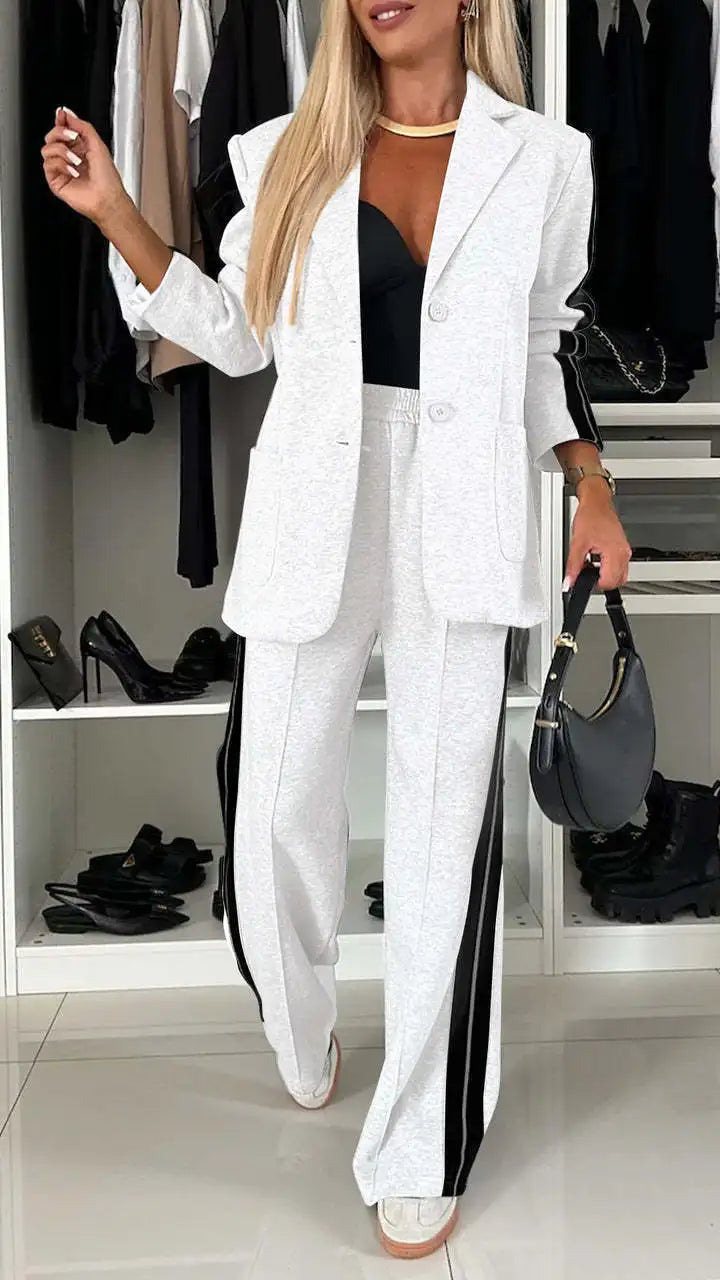 Modern Office Commute Women's Suit Set Loose Fit Long Pants High Waist Striped Casual Sportswear Long Sleeve Button up Coat