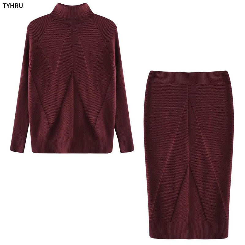 TYHUR Autumn Women's Knitting Costume Turtleneck Solid Color Pullover Sweater + Slim Skirt Two-Piece Set - CRAVO ROSE