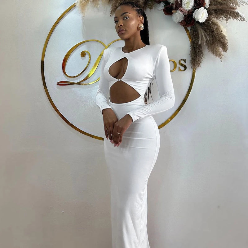 Hawthaw Women 2024 Spring Autumn Sexy Long Sleeve Party Club Hollow Out Bodycon White Long Dress Wholesale Items For Business