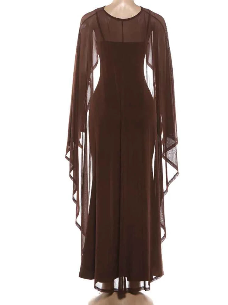Kliou Sexy Fashion 2 Piece Set Woman Mesh Extended Shawl+Low-Neck Sleeveless Skinny High Waist Sling Vestidos Elegant Dress Suit