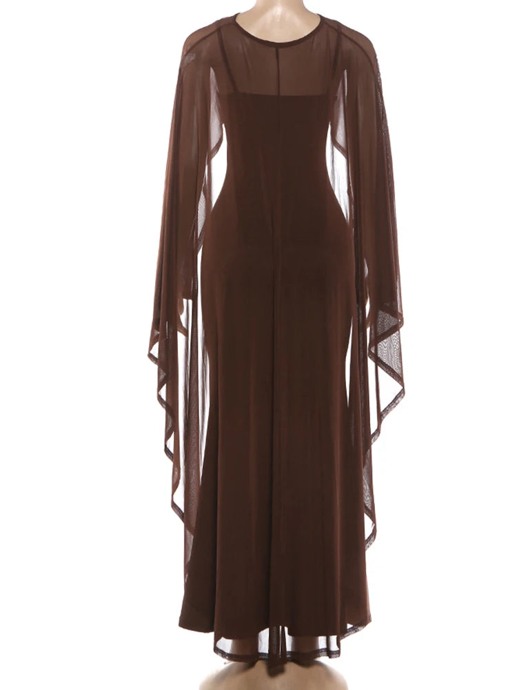 Kliou Sexy Fashion 2 Piece Set Woman Mesh Extended Shawl+Low-Neck Sleeveless Skinny High Waist Sling Vestidos Elegant Dress Suit