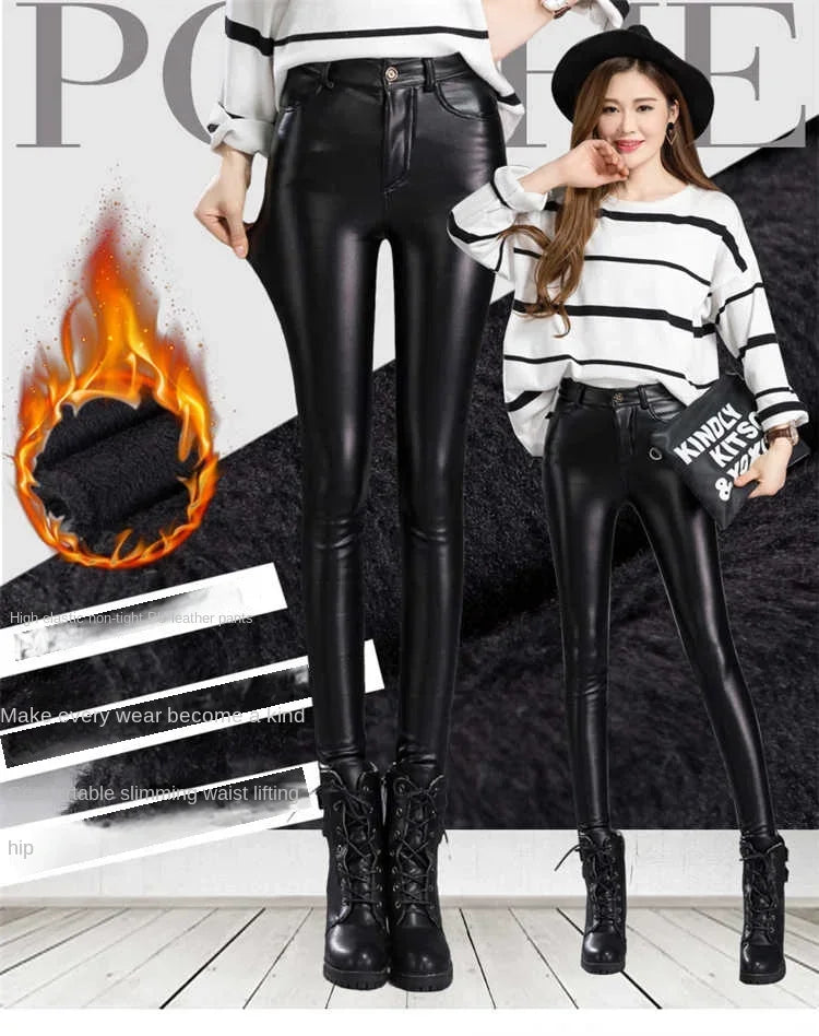 Calças de couro sintético de caxemira femininas outono/inverno 2024, grossas e de lã, cintura alta, justas e quentes, leggings pretas