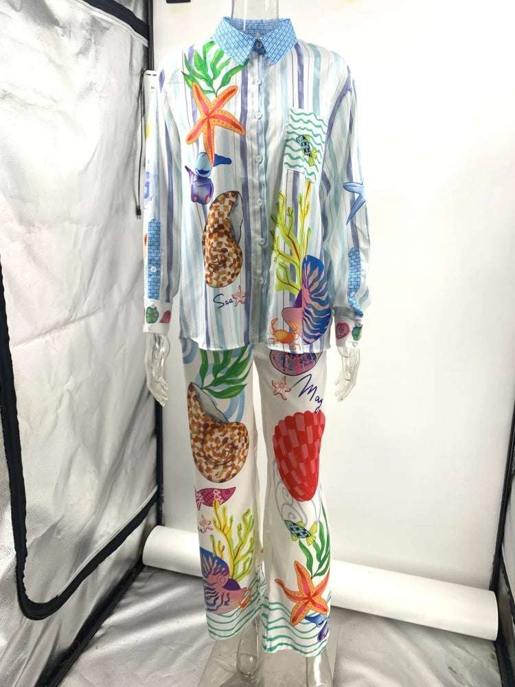 Bohemia Satin Print Loose Pants Sets Women Causal Long Sleeve Shirts Two Piece Sets Female Beach Summer Outfits Streetwear