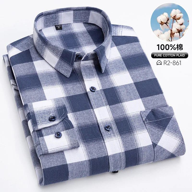Pure Cotton Men's Plaid Shirt Long Sleeve Regular Fit Men Casual Oversized Shirt Leisure Autumn Male Clothes New Plus Size