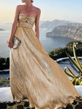 2024 Sexy Twist Strapless Hollow Out Long Dress Women Boho Elegant Bronzing Evening Dress Fashion Sleeveless A-Line Party Dress