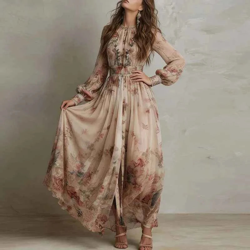 Vintage Floral Print High Waist Pleated Long Dress Woman Elegant O Neck Slim Party Dresses Spring Long Sleeve Boho Holiday Dress