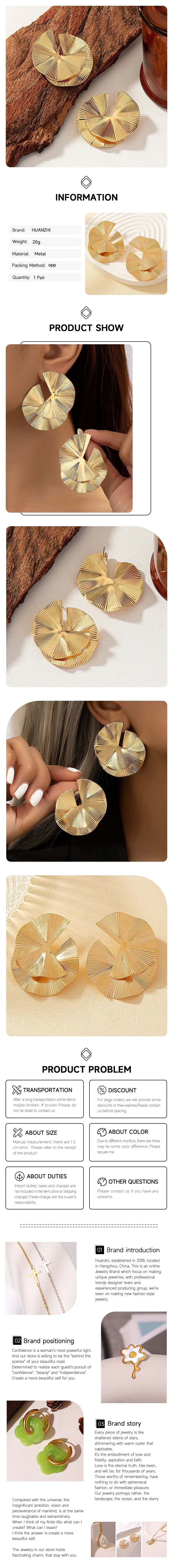 HUANZHI Gold Color Distorted Design Exaggerated Leaf Massive Earrings for Women Girls Party Holiday Fashion Jewelry Accessories