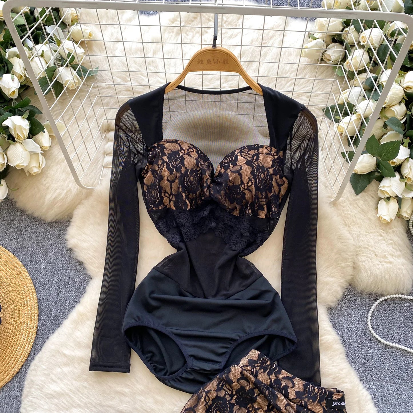 SINGREINY Sexy Floral Lace Suit Mesh Sheer Slim Bodysuit+Ruffles Mini Mermaid Skirt Ladies Retro Luxury Ball Party 2 Pieces Sets