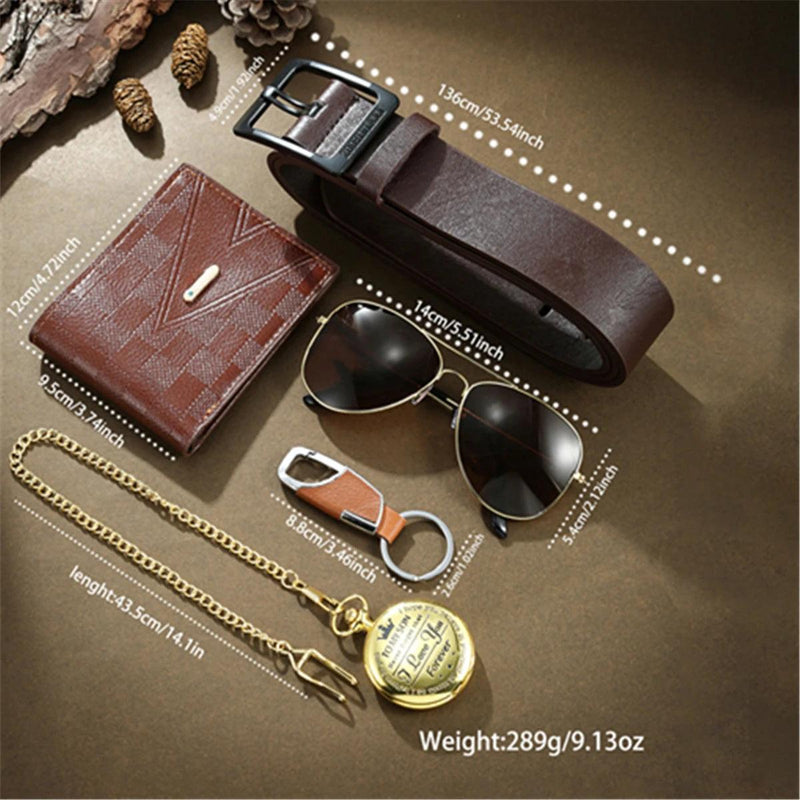 5 peças/conjunto para relógio de bolso vintage masculino e óculos, conjunto de carteira de cinto para presentes masculinos