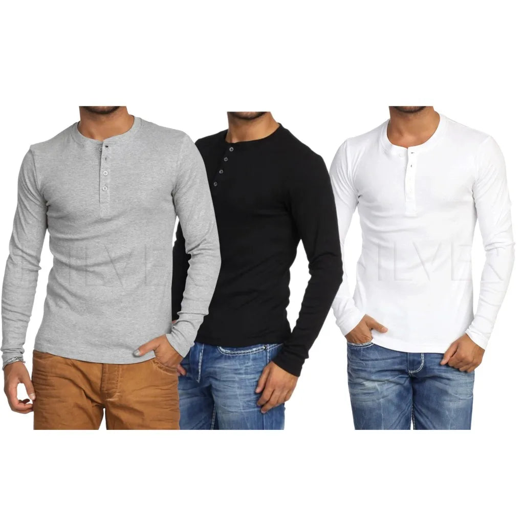 KIT COM 3 Camisetas Henley J Prata Slim Fit Manga Longa 4 Botões
