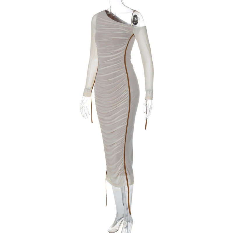 Hugcitar Mesh Solid Diagonal Collar Long Sleeve Draped Sexy See Through Bodycon Maxi Dress Summer Fashion Clothes Festival Club