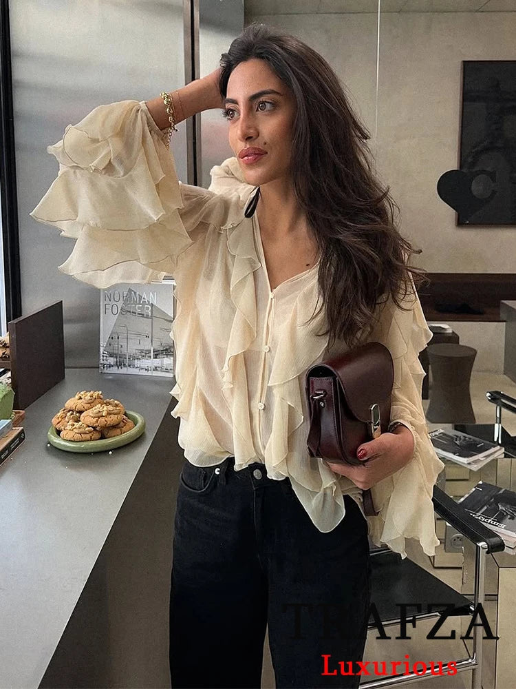 TRAFZA Vintage Chic Solid Women Blouse Tierred V-Neck Long Sleeve Single Breasted Loose Blouse Fashion 2025 Spring Summer Shirts
