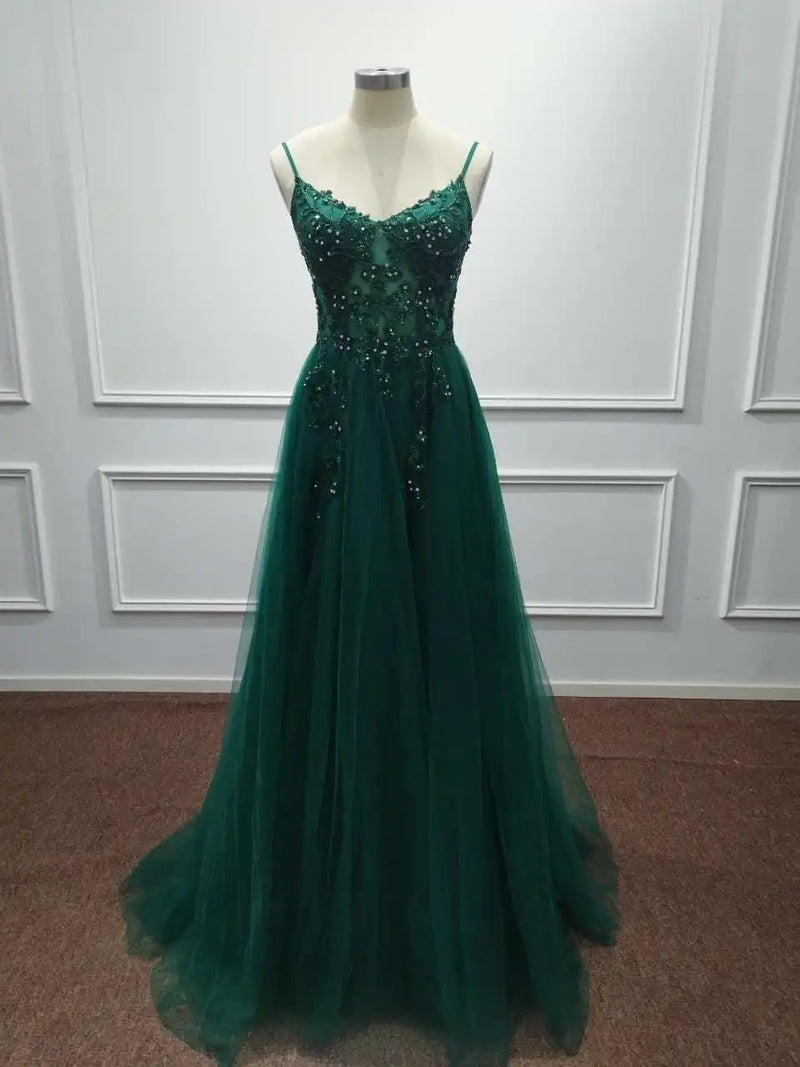 Dusty Blue Tulle Prom Dresses Long 2025 Appliqued Beaded A Line Slit Women Evening Gowns Elegant Dress For Wedding Party