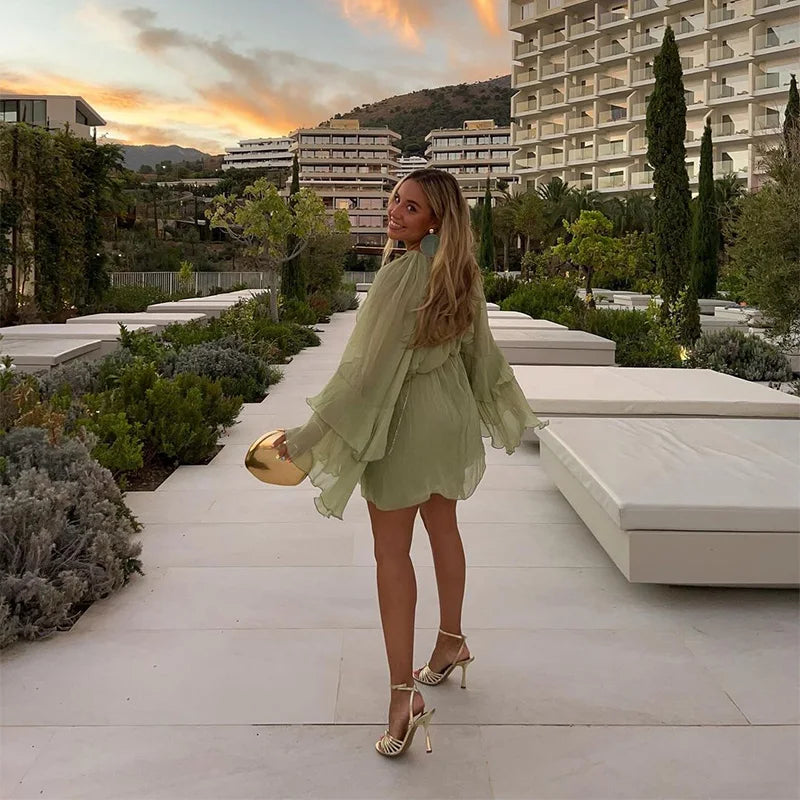 Elegant Women Green Irregular Ruffles Loose Mini Dress Fashion O Neck Full Sleeve Short Vestidos Spring Summer Chic Lady Dresses