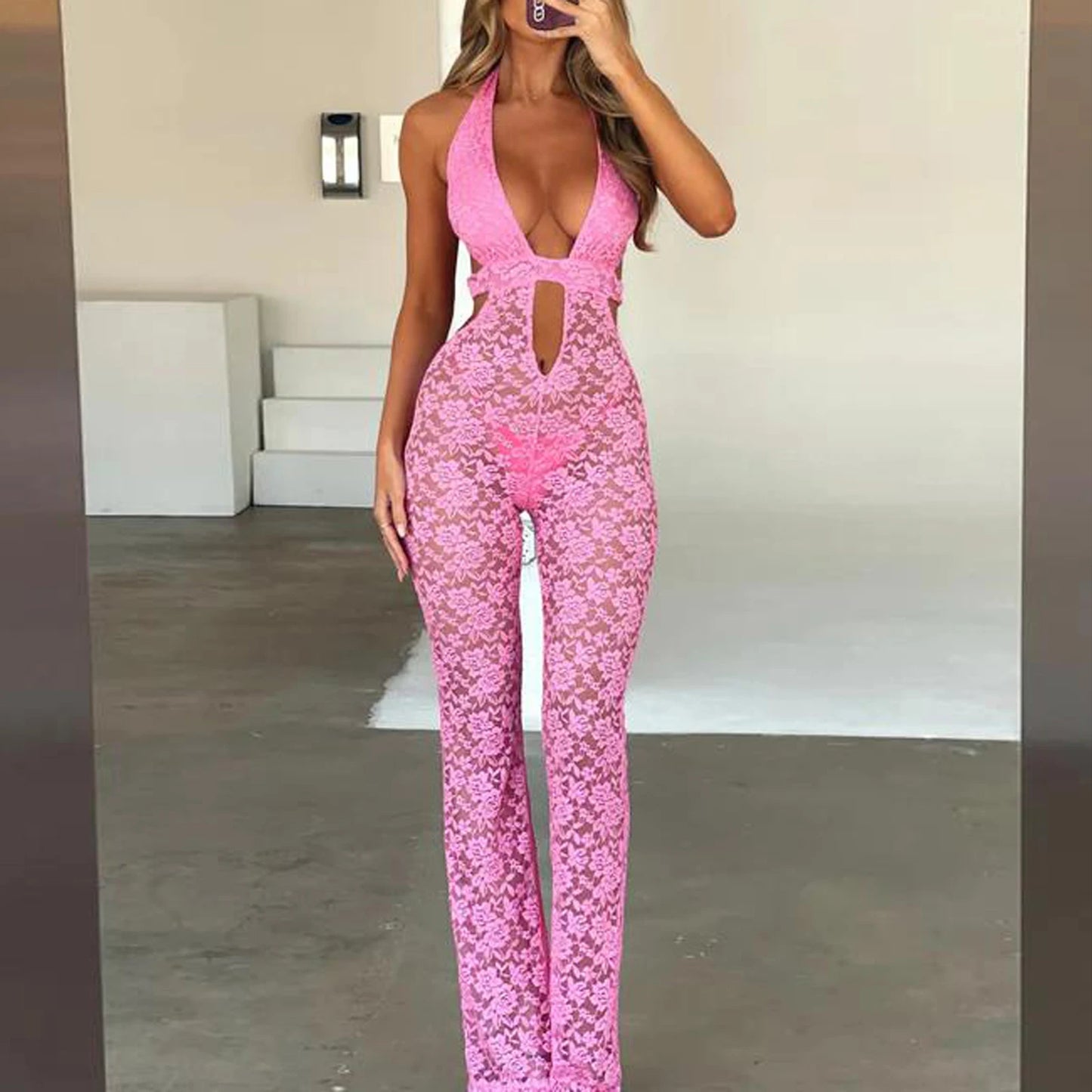 Women Halter Flare Jumpsuit Casual Summer Cutout Lace See-Through Backless Romper Pants Streetwear