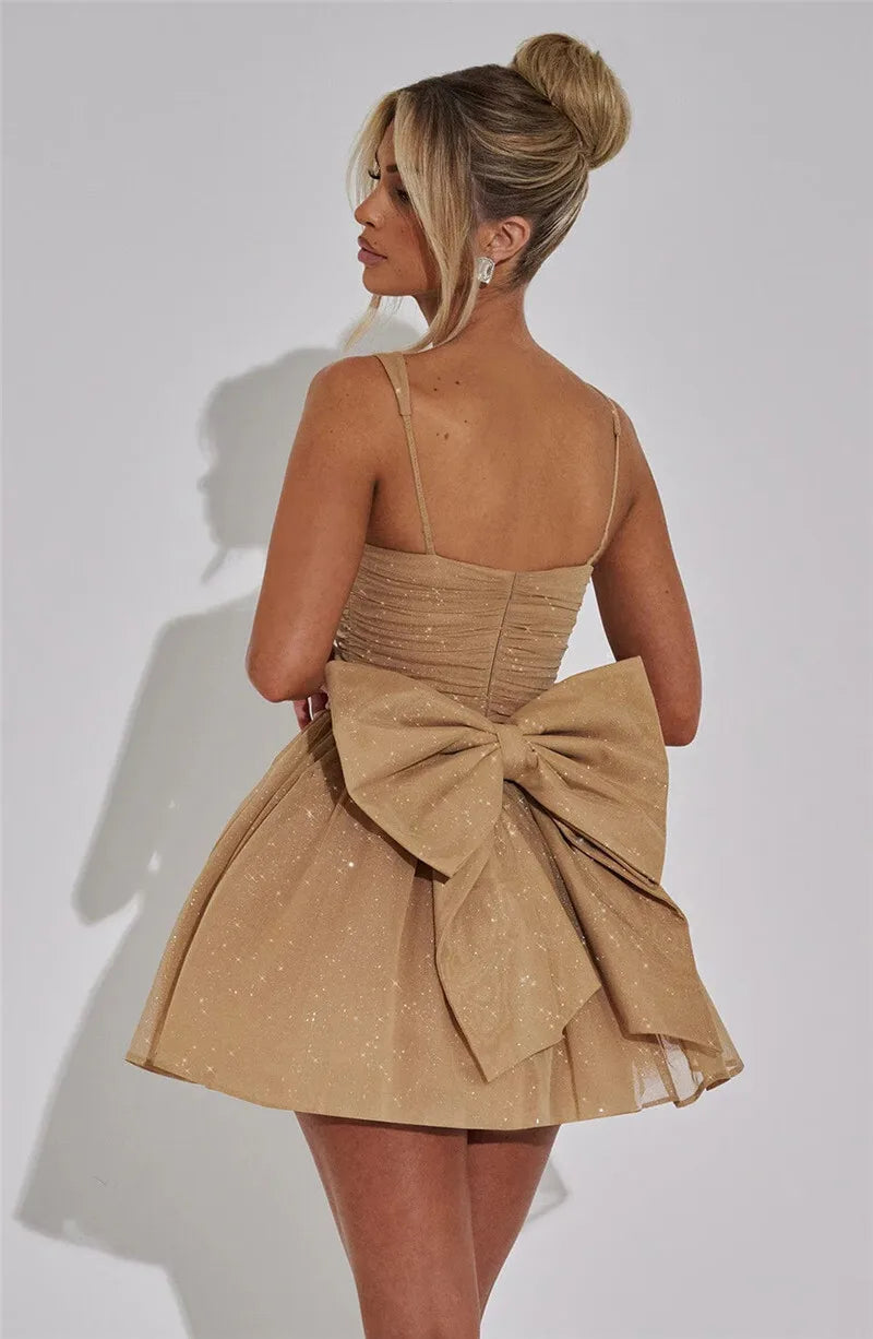 Mozision Bow Backless Sexy Mini Dress For Women Robe Spaghetti Strap Sleeveless Backless High Waist A-line Club Dress Vestido