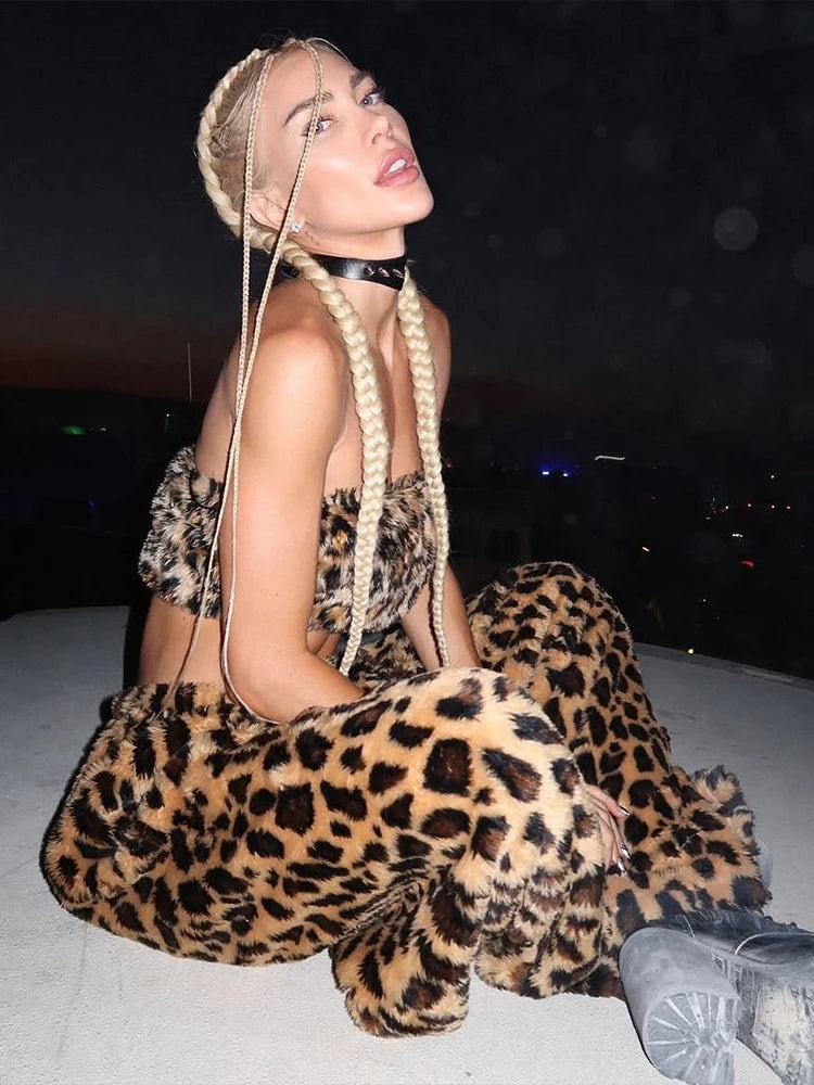 Kliou Fashion Furry 2 Piece Set Woman Leopard Print Chest Wrap Tank Tops+Straight Long Pant Hot Girls Street Hip-Hop Style Suits
